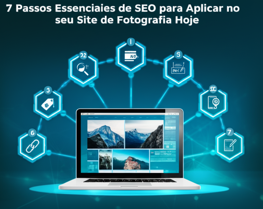 Infográfico mostrando os 7 passos essenciais de SEO para sites de fotografia.