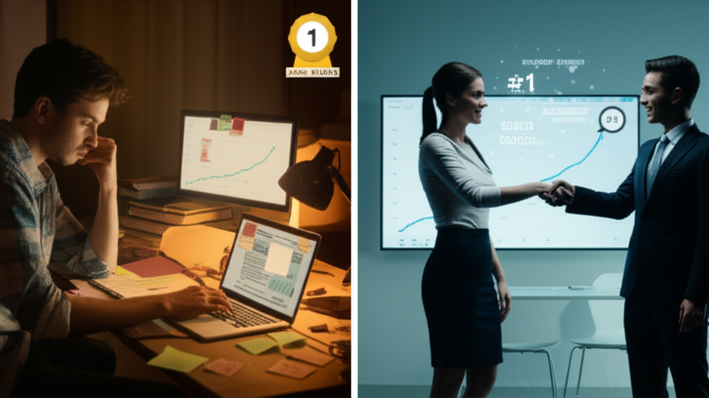 Balança com 'Tempo' de um lado e 'Dinheiro' do outro, ilustrando a decisão entre fazer SEO sozinho ou contratar um profissional.