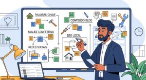 Especialista em SEO planejando a estratégia digital para uma empresa de reformas em um quadro branco.