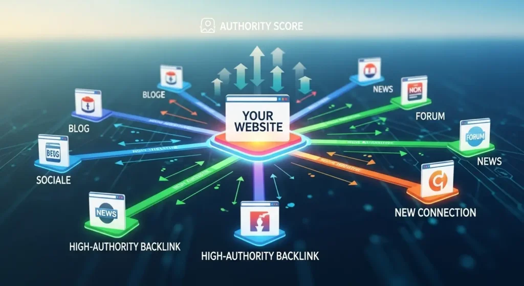 Ilustração de uma rede de links conectando diferentes sites, mostrando como a autoridade é construída online.