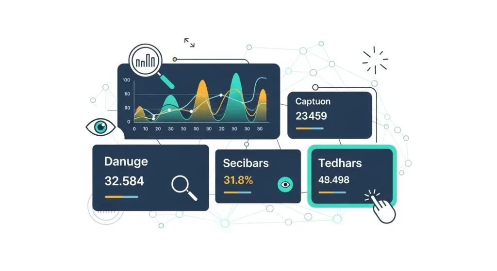 Painel de controle (dashboard) com gráficos e métricas de desempenho de SEO, simbolizando análise e monitoramento contínuo.